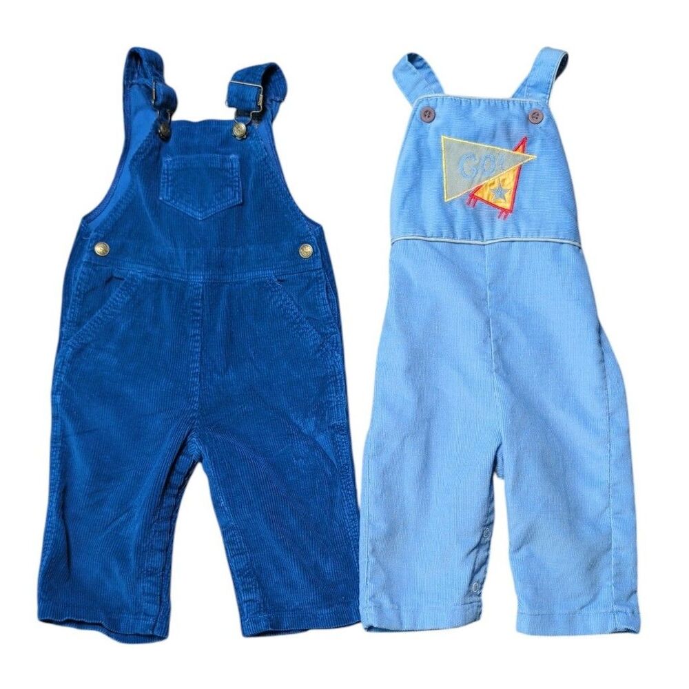 Vintage 80s Lot of 2 Boys Blue Corduroy Overalls Healthtex/Youngman 18m